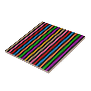 Colourful Rainbow Stripes Lines Design - Black Ceramic Tile