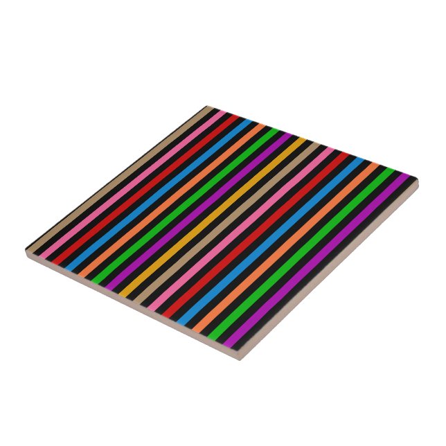 Colourful Rainbow Stripes Lines Design - Black  Ceramic Tile (Side)