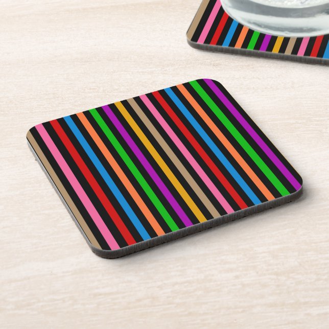 Colourful Rainbow Stripes Lines Design - Black  Coaster (Left Side)