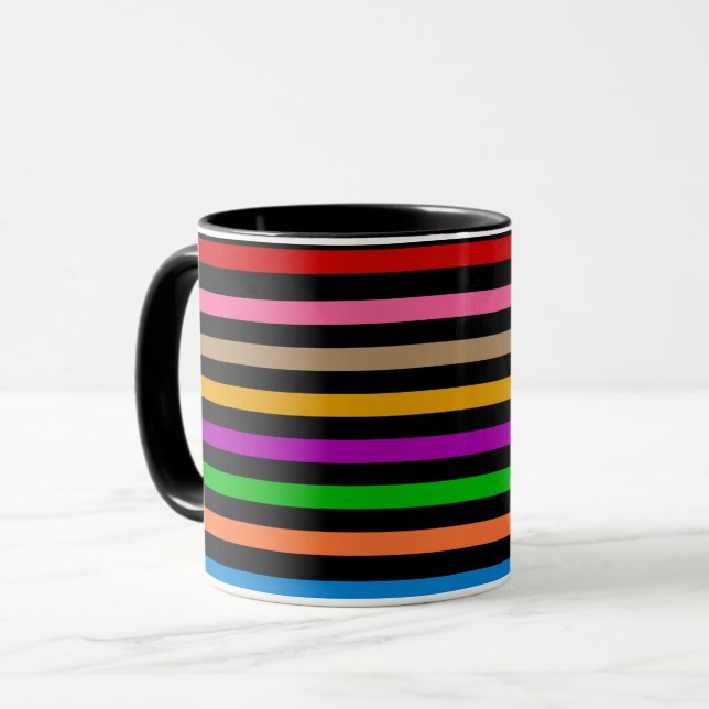 Colourful Rainbow Stripes Lines Design - Black  Mug (Front Left)
