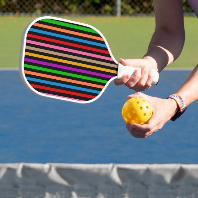 Colourful Rainbow Stripes Lines Design - Black  Pickleball Paddle (Insitu)