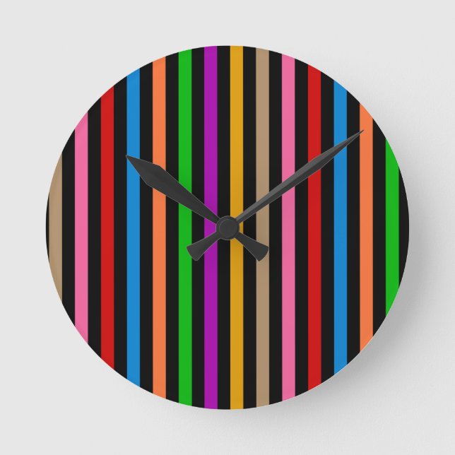 Colourful Rainbow Stripes Lines Design - Black  Round Clock (Front)