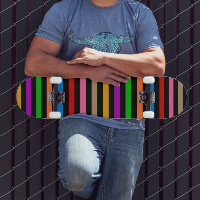 Colourful Rainbow Stripes Lines Design - Black  Skateboard (Outdoor 3)