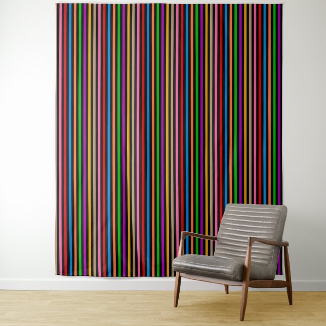 Colourful Rainbow Stripes Lines Design - Black  Tapestry (In Situ)