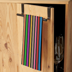 Colourful Rainbow Stripes Lines Design - Black  Tea Towel