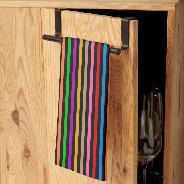 Colourful Rainbow Stripes Lines Design - Black  Tea Towel (Thirds Fold)