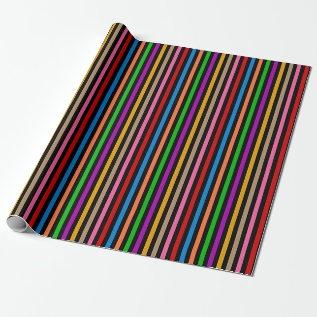 Colourful Rainbow Stripes Lines Design - Black  Wrapping Paper (Unrolled)
