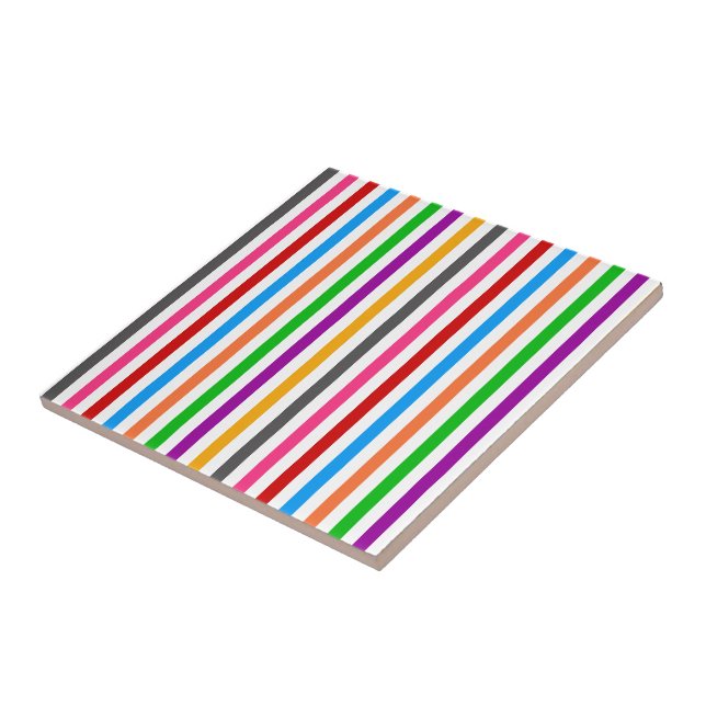 Colourful Rainbow Stripes Lines Design - White  Ceramic Tile (Side)