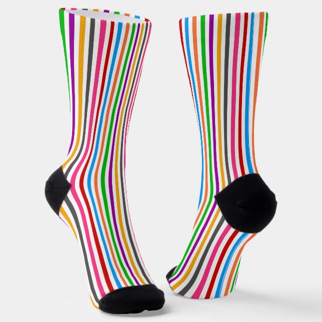 Colourful Rainbow Stripes Lines Design - White  Socks (Angled)