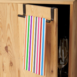 Colourful Rainbow Stripes Lines Design - White  Tea Towel