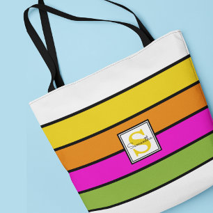 Colourful Rainbow Stripes Monogram Tote Bag