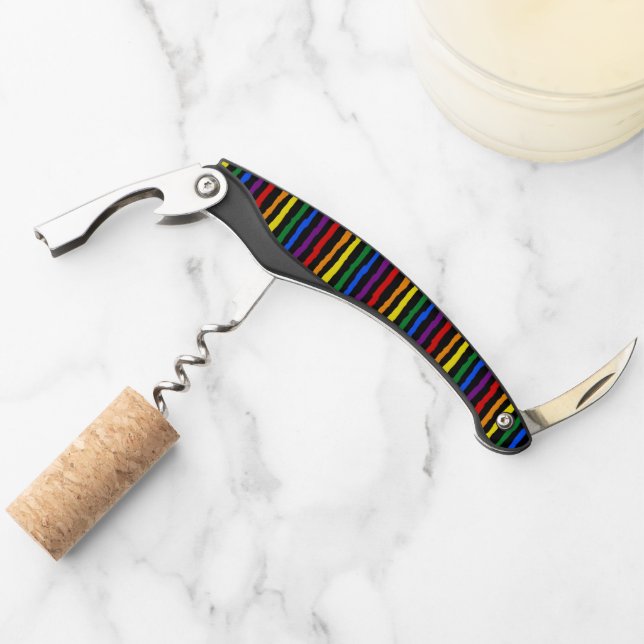 Colourful Rainbow Stripes on Custom Black Corkscrew (Front)