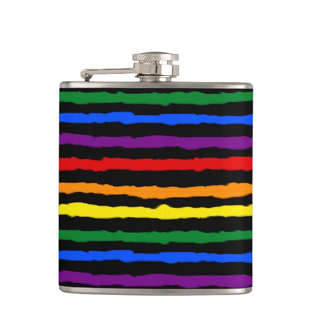 Colourful Rainbow Stripes on Custom Black Hip Flask (Front)