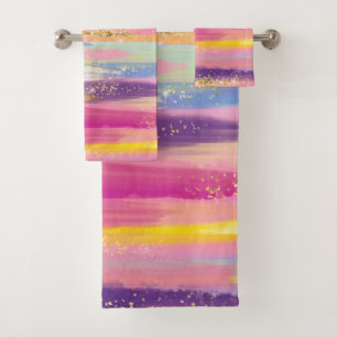 Colourful Rainbow Stripes with Faux Gold Glitter Bath Towel Set