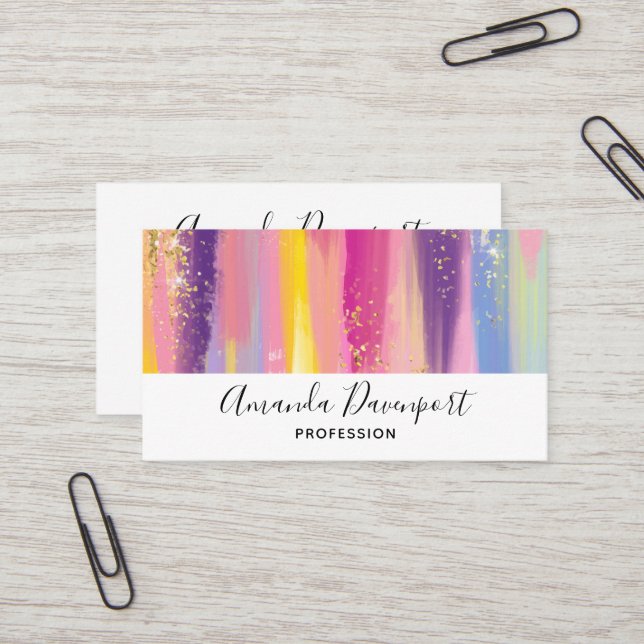 Colourful Rainbow Stripes with Faux Gold Glitter Business Card (Front/Back In Situ)