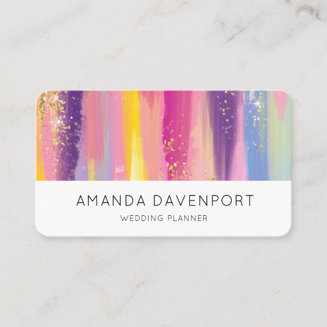 Colourful Rainbow Stripes with Faux Gold Glitter Business Card (Front)