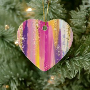 Colourful Rainbow Stripes with Faux Gold Glitter Ceramic Ornament