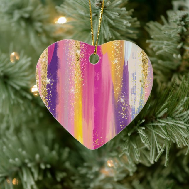 Colourful Rainbow Stripes with Faux Gold Glitter Ceramic Ornament (Tree)