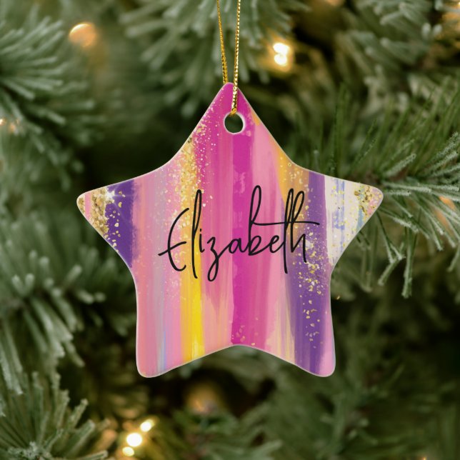 Colourful Rainbow Stripes with Faux Gold Glitter Ceramic Ornament (Tree)