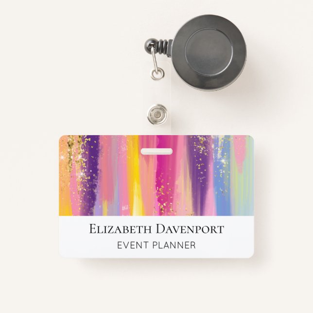 Colourful Rainbow Stripes with Faux Gold Glitter ID Badge (Front with Retractable)