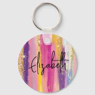 Colourful Rainbow Stripes with Faux Gold Glitter Key Ring