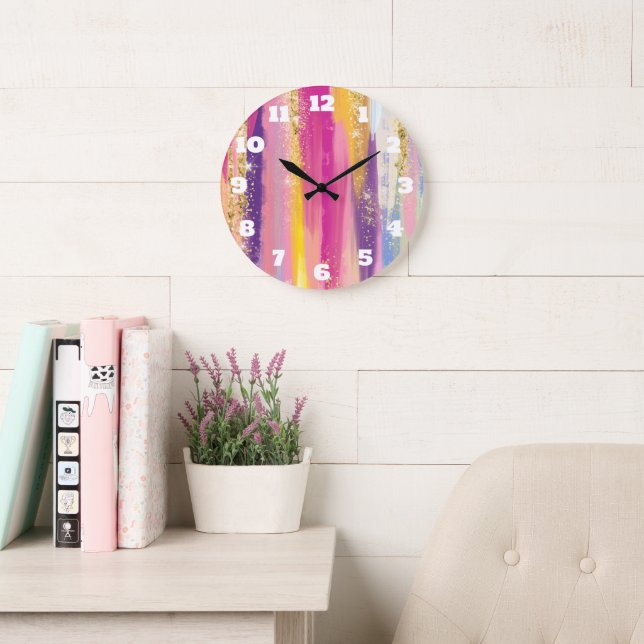 Colourful Rainbow Stripes with Faux Gold Glitter Large Clock (Reading Room)