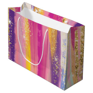 Colourful Rainbow Stripes with Faux Gold Glitter Large Gift Bag