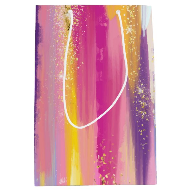 Colourful Rainbow Stripes with Faux Gold Glitter Medium Gift Bag (Front)