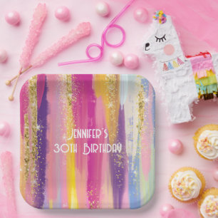 Colourful Rainbow Stripes with Faux Gold Glitter Paper Plate