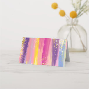 Colourful Rainbow Stripes with Faux Gold Glitter Place Card