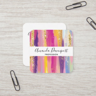 Colourful Rainbow Stripes with Faux Gold Glitter Square Business Card
