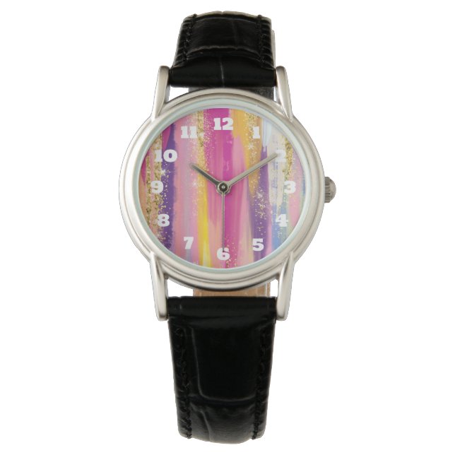Colourful Rainbow Stripes with Faux Gold Glitter Watch (Front)