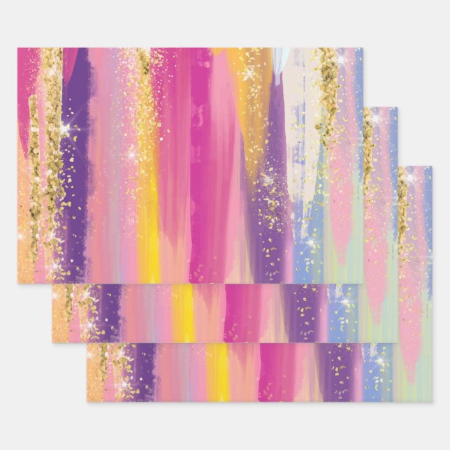 Colourful Rainbow Stripes with Faux Gold Glitter Wrapping Paper Sheet (Set)
