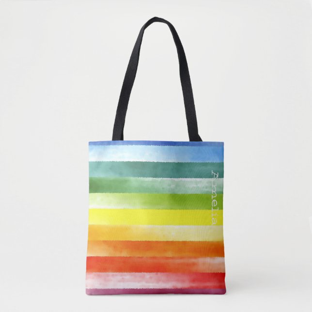 Colourful rainbow stripes with name  tote bag (Front)