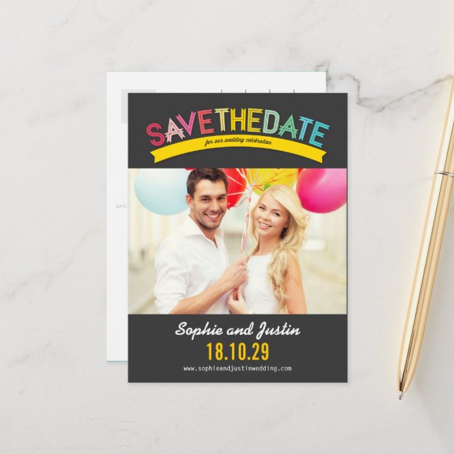 Colourful Rainbow Summer Photo Modern Save The Dat Announcement Postcard (Front/Back In Situ)