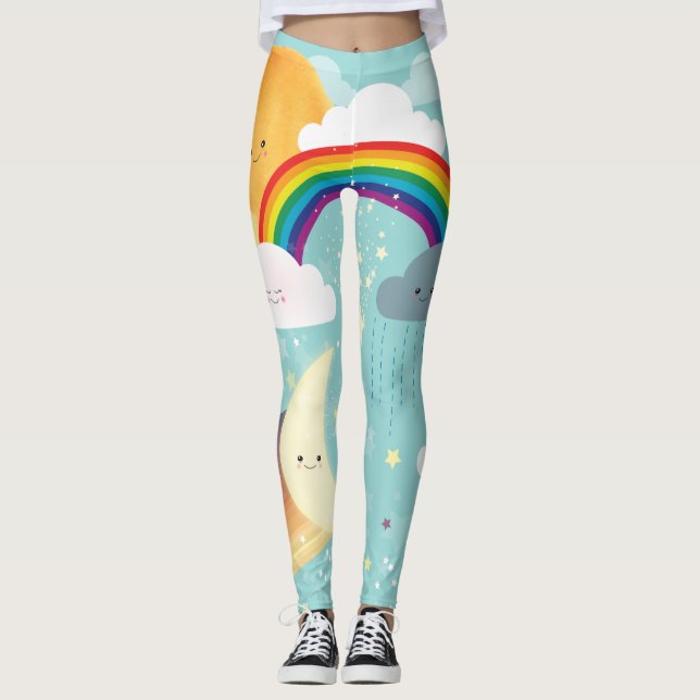 Colourful Rainbow, Sun, Clouds Leggings (Front)