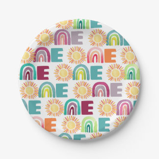 Colourful Rainbow & Suns 1st Birthday Watercolor Paper Plate