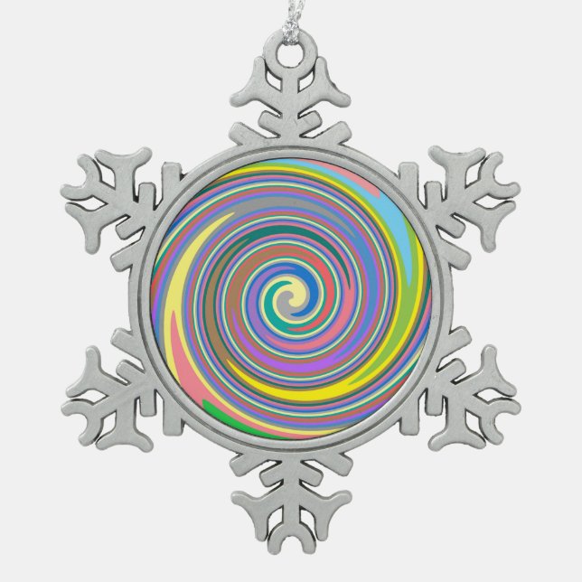 Colourful rainbow swirl pattern snowflake pewter christmas ornament (Front)