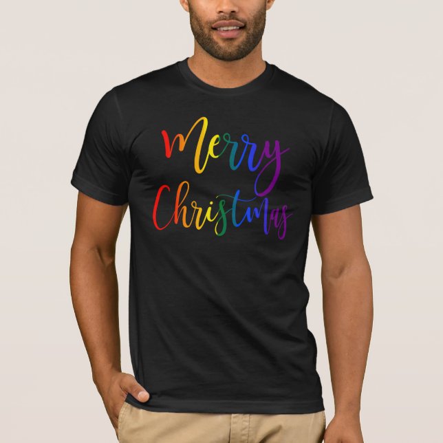 Colourful Rainbow Text LGBTQ Gay Pride Christmas T-Shirt (Front)
