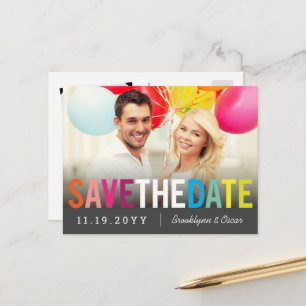 Colourful Rainbow Text Modern Photo Save The Date Announcement Postcard