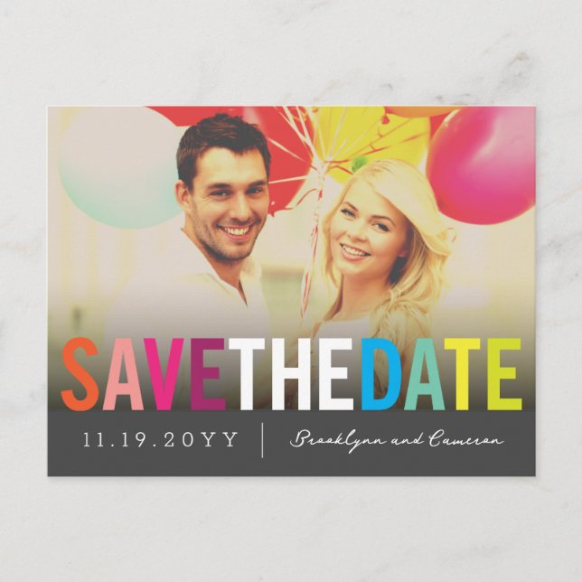 Colourful Rainbow Text Save The Date Photo Postcar Announcement Postcard (Front)