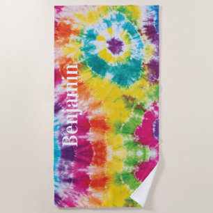 Colourful Rainbow Tie Dye Custom Name Beach Towel