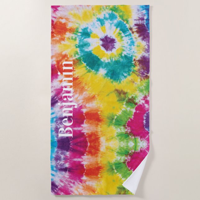 Colourful Rainbow Tie Dye Custom Name Beach Towel (Front)