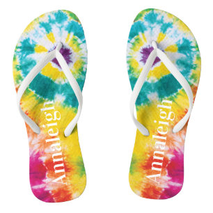Colourful Rainbow Tie Dye Custom Name Vacation Thongs