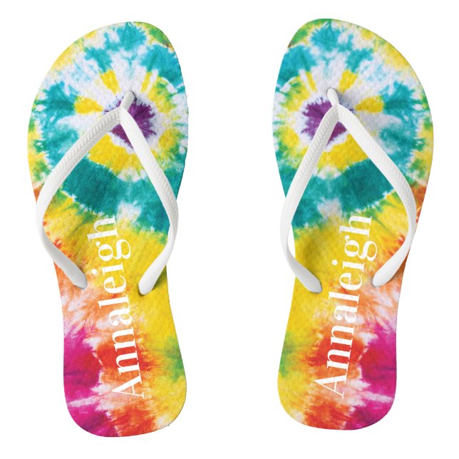 Colourful Rainbow Tie Dye Custom Name Vacation Thongs (Footbed)