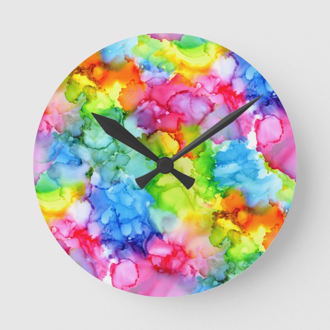 Colourful Rainbow Tie Dye Ink Round Clock (Front)