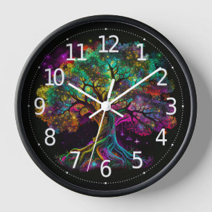 Colourful Rainbow Tree Fireflies Modern Artwork   Clock