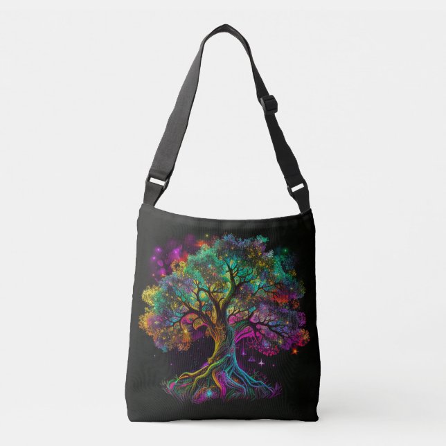 Colourful Rainbow Tree Fireflies Modern Artwork | Crossbody Bag (Front)