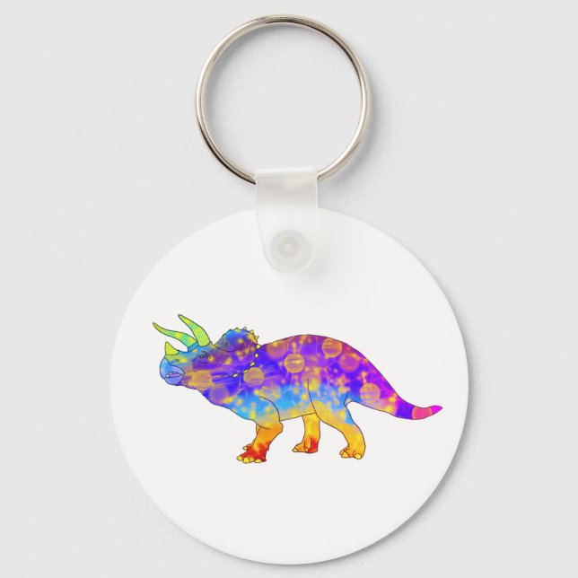 Colourful Rainbow Triceratops Cute Dinosaur Art Key Ring (Front)