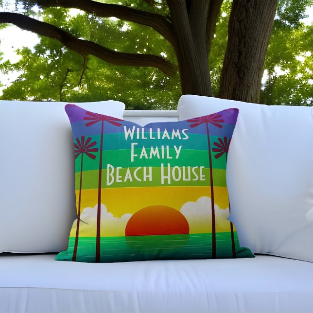 Colourful Rainbow Tropical Sunset Beach House Deco Cushion (Miami deco beach house throw pillow with a rainbow sunset design. Personalized with family name!)